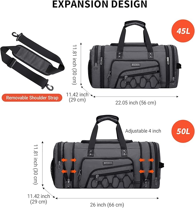 WITZMAN Duffle Bag for Men Nylon Large Gym Weekender Bag with Shoe Compartment Expandable Carry on Overnight Bag(B695 Silvery Grey)