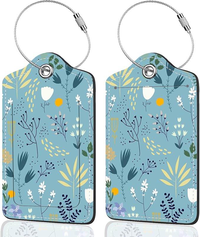 2Pack Luggage Tags for Suitcases, Cute Unique Pu Leather Cruise Luggage Tag with Privacy Cover ID Label Address Card and Metal Ring Suitable for Women Men Kids Girls Travel Bag Tag Blue Floral Print