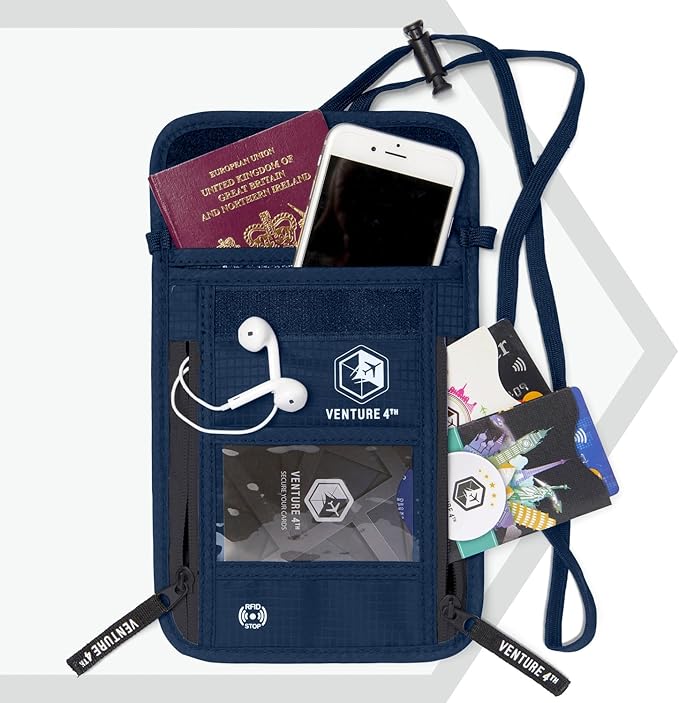 VENTURE 4TH Passport Holder Neck Pouch With RFID Blocking – Hidden Neck Wallet (Navy Blue)