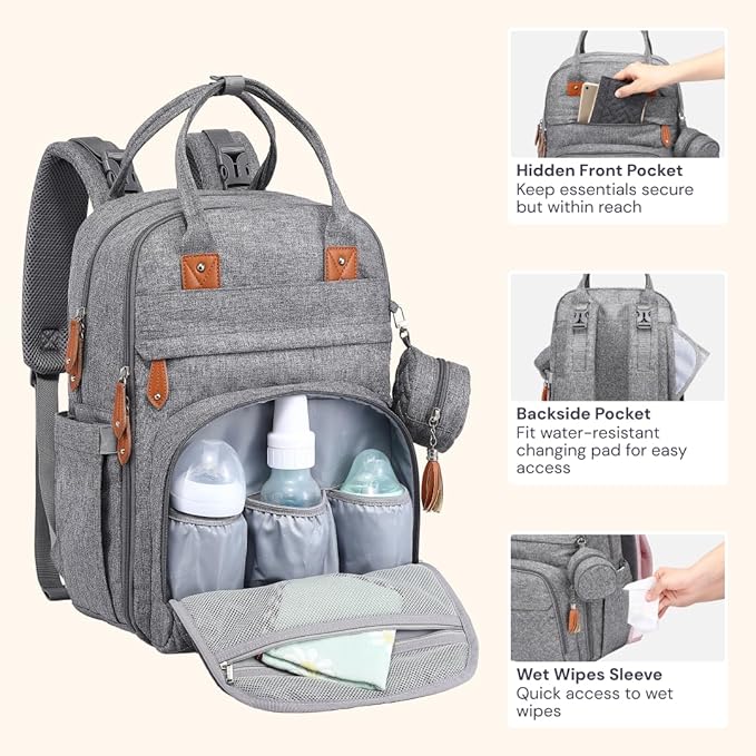 BabbleRoo Diaper Bag Backpack - Baby Essentials Travel Tote - Multi Function Water Resistant Diaper Bag, Travel Essentials Baby Bag with Changing Pad, Stroller Straps & Pacifier Case - Light Gray