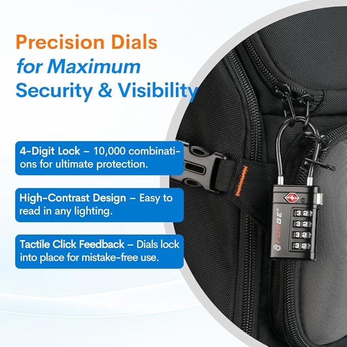 Forge TSA Approved Luggage Locks 4 Digit Combination TSA Travel Locks with TSA008, Open Alert Indicator, Zinc Alloy Body for Luggage, Suitcase, Backpack, and More. Black 4 Locks.