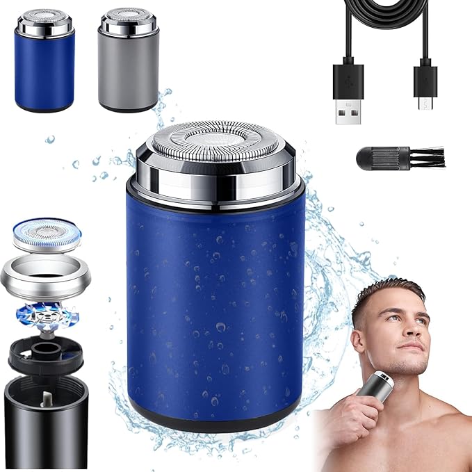 Mini Electric Shaver, Portable Mini Electric Shaver, Pocket Size MiniElectricShaver for Men, USB Rechargeable Waterproof ShaverElectric Beard Trimmer for Home, Car, Office, Business Trip (Blue)
