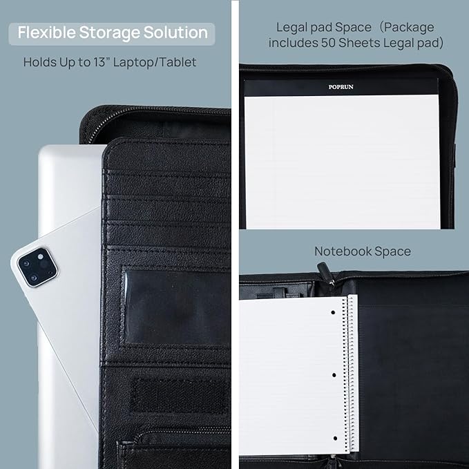 POPRUN Portfolio Binder with Zipper, Leather Padfolio Document Organizer with Storage, Professional Business Briefcase ideal for Meeting Presentation Work-Includes 50 Sheet Writing Pad, Black