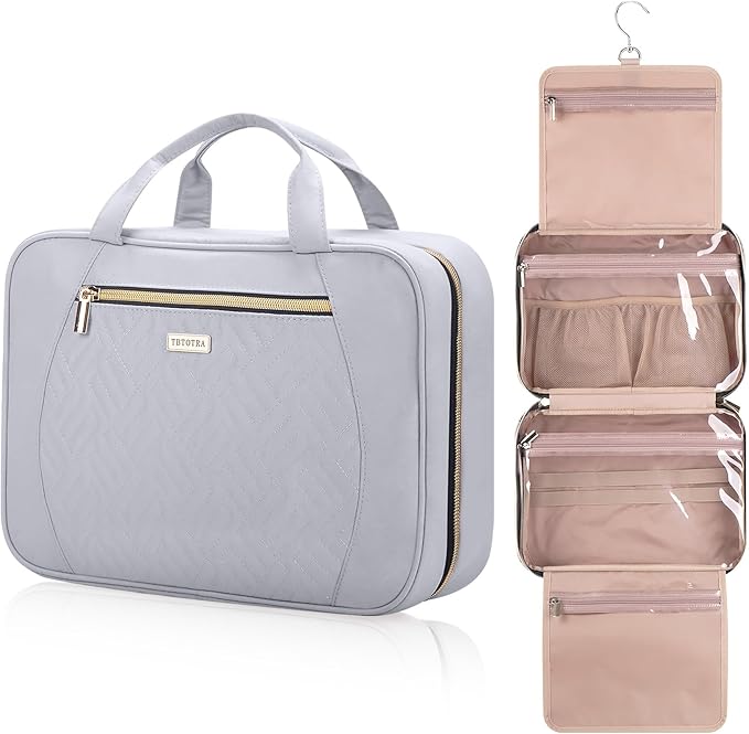 Hanging Toiletry Bag for Women Travel, 2 Sizes Large & Small Waterproof Cosmetic Organizer with 4 Compartments, Rotating Hook, Foldable Pink Travel Bag for Toiletries & Makeup - Large Grey