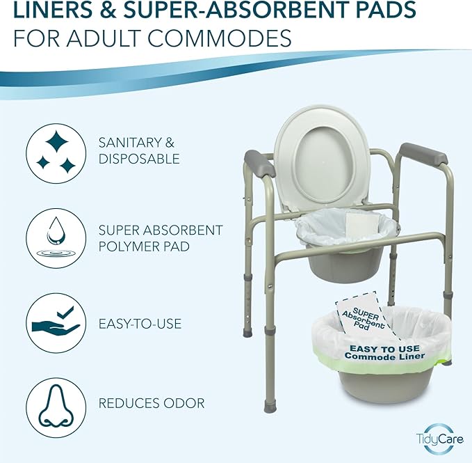 Disposable Bedside Commode Liners and Pads for Portable Toilet Chair Seat Bucket and Bedpan | Combo Pack of 48 Waste Bags and 48 Absorbent Pads | Universal Fit