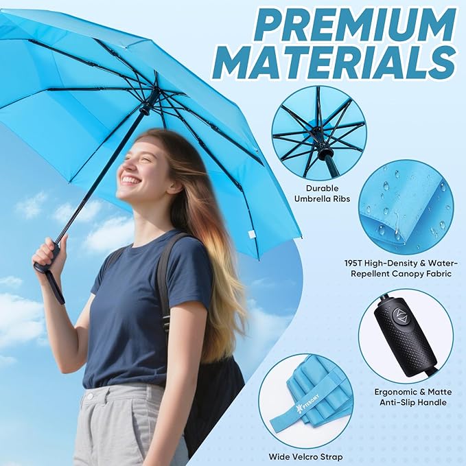 PTEROMY Windproof Compact Travel Umbrellas for Rain and Sun, Withstands 85MPH Winds Auto Open Close Folding Umbrella with Ergonomic Handle, Quick Dry Canopy for Commuting or Backpack