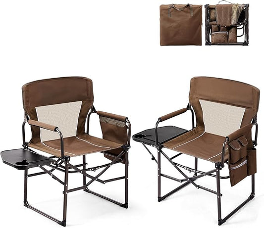 VINGLI Camping Chairs, Directors Chair, Camping Chair with Side Table & Carry Bag，Heavy Duty Camping Chairs for Adults,Portable Folding Camping Chair 2 Pack, for Beach, Fishing,Trip,Picnic,Lawn-Brown