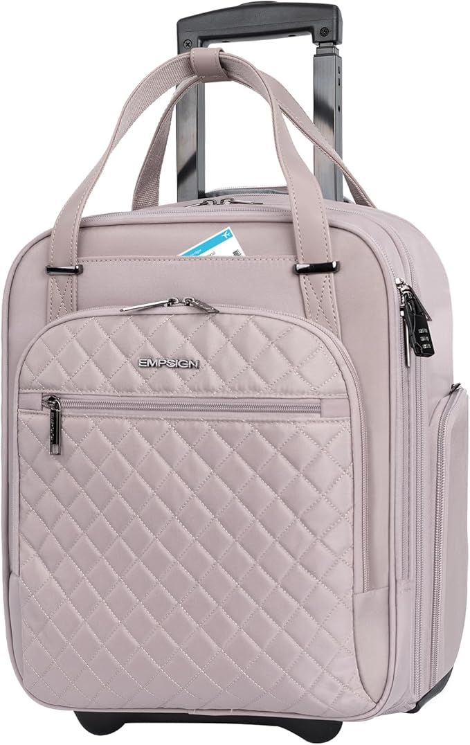 EMPSIGN Underseat Carry On Wheeled - 16" Carry on Bag with Wheels Multi-functional Lightweight Rolling Bag Overnight Weekender Small Suitcase for Women Men Travel Business, Dusty Pink