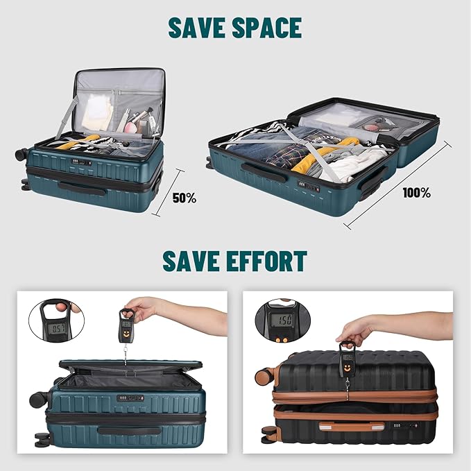 3-Piece 20/24 Top Opening Hardshell Lightweight Luggage and 28-Inch Clamshell Opening Suitcase with Spinner Wheels & TSA Locks, Teal Blue, 20in/24in/28in