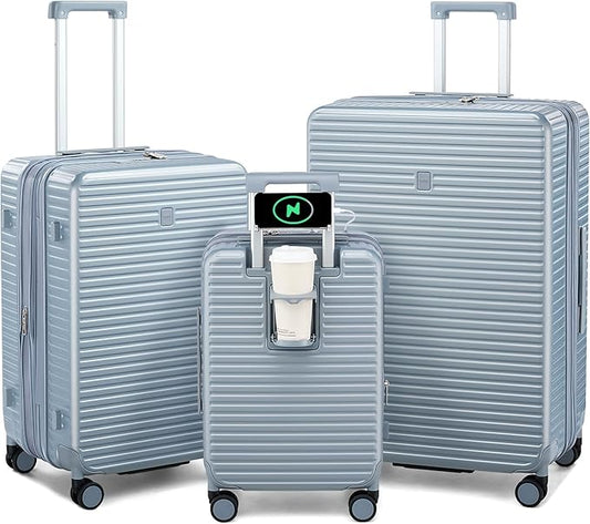 Hard Shell Suitcases Expandable Travel Luggage Sets 3 Piece, Carry on and Check in 3 Piece Luggage Suitcase Sets with Spinner Wheels Cup Holder Charger Built in (Silver, 20/24/28)