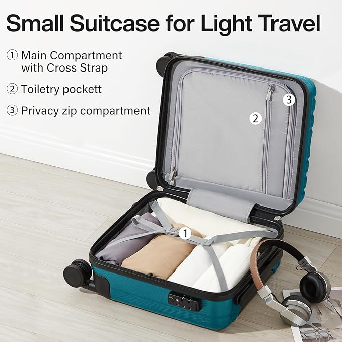Hanke 14 Inch Underseat Carry On Luggage with Wheels Hard Shell Suitcases Carry On Bag Lightweight Small Mini Suitcase Tsa Luggage for Travel. Caribbean Blue.