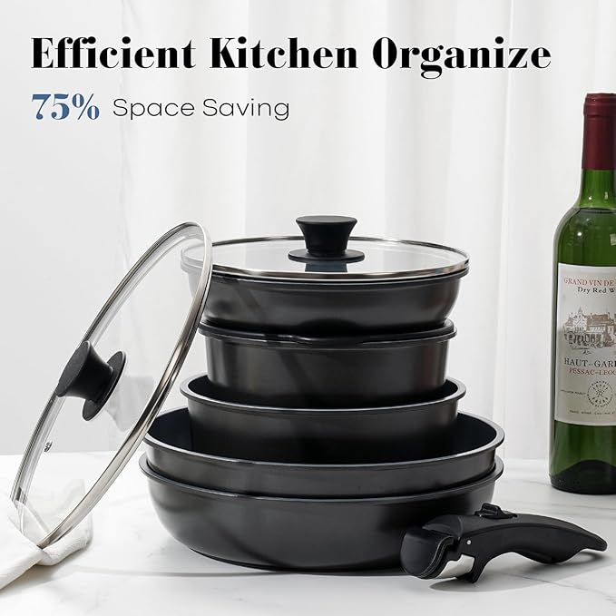15 Pcs Pots and Pans Set Non Stick, Detachable Handle Ceramic Cookware Sets Nonstick, Non Toxic Induction RV Kitchen Cooking Set with Removable Handles, Dishwasher/Oven Safe, Easy Clean