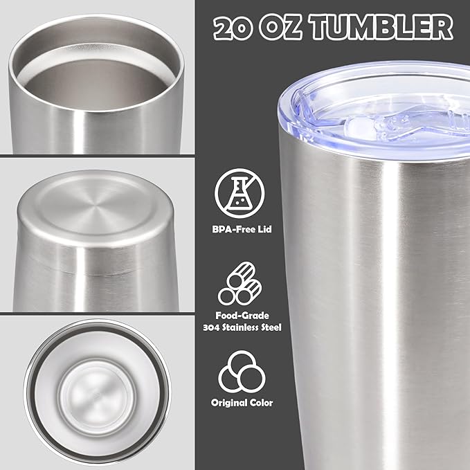 20oz Tumbler Stainless Steel Tumbler Cup with Lid Vacuum Insulated Double Wall Travel Mug, Durable Powder Coated Travel Coffee Tumbler Mug for Hot & Cold Drinks, Stainless Steel,1 Pack