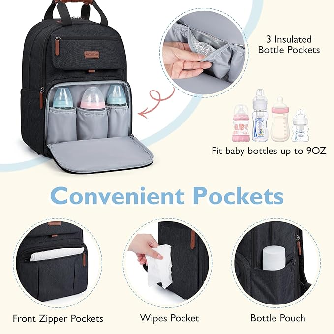 mommore Diaper Bag Backpack, Large Diaper Bag Expandable for 2 Kids/Twins, Durable Baby Bag with Changing Pad, Water Resistant Travel Diaper Backpack for Mom Dad