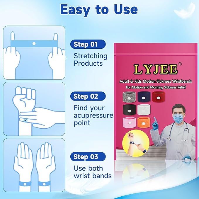 LYJEE Motion Sickness Bracelets for Adults and Kids Motion Sickness Bands Nausea Relief for Pregnant Women Acupressure Nausea Relief for Car, Sea, Air Sickness