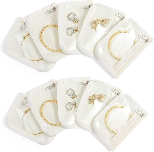 Travel Jewelry Bags, 10Pcs Clear Velvet Zipper Travel Jewelry Organizer, Portable Anti Tarnish Jewelry Storage Pouch Bag Gift for Women Girls, 10Pcs Bags