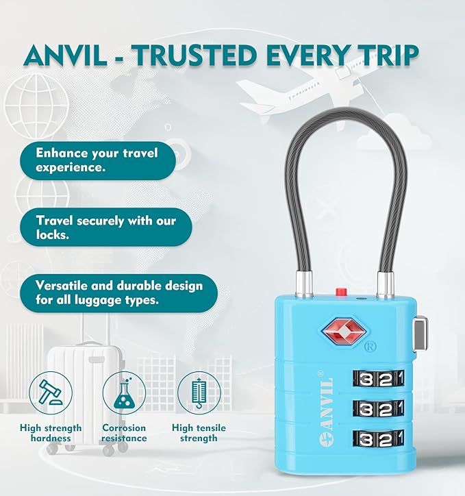 ANVIL TSA Approved Luggage Locks – High Security TSA008 Combination Travel Locks with Inspection Indicator for Suitcases and Backpacks. (2, Bule)