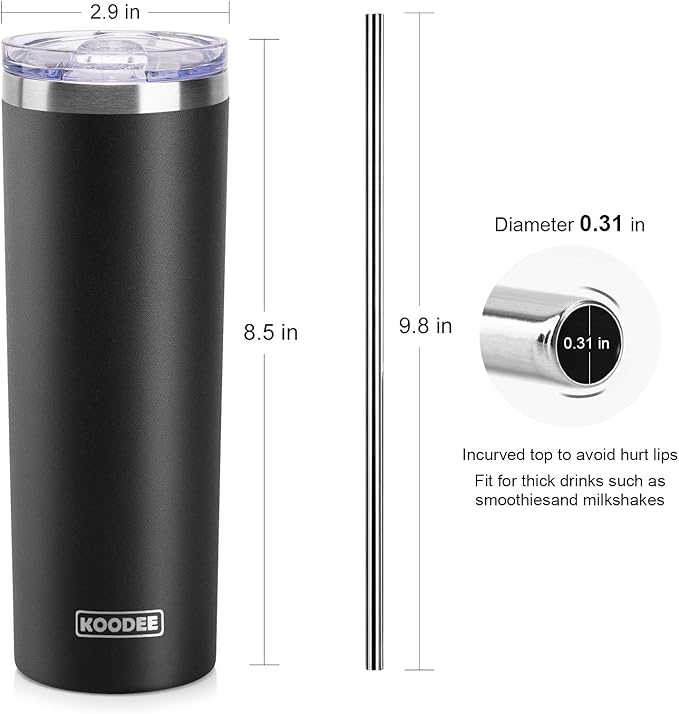 koodee 20 oz Stainless Steel Skinny Tumbler Double Wall Insulated Slim Water Tumbler Cup with Lids, Straws and Straw Brushes (Black)