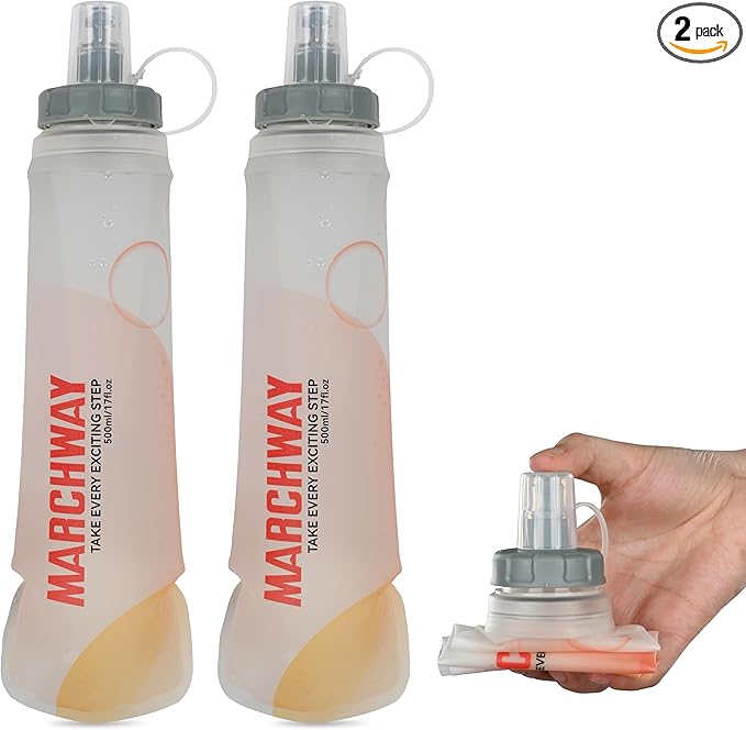 MARCHWAY Soft Hydration Flask with Wide Mouth, 300ml/500ml Collapsible TPU Water Bottle, Leakproof Portable Flexible for Running, Hiking, Cycling, Climbing, Gym, Travel (2pcs White 500ml)