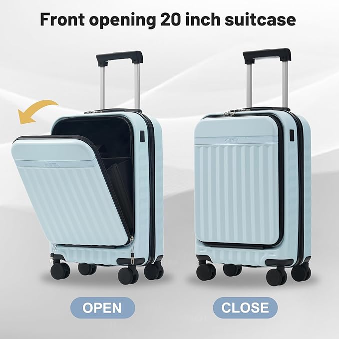 Merax Luggage Sets Front Opening, 2 Piece Hardshell Suitcase with Spinner Wheels and Bags,Lightweight Carry on Luggage with USB Port,20+24,Light Blue