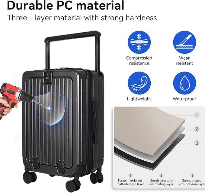 SOKOK Front Pocket Luggage Carry On with Spinner Wheels, Wide Handle Travel Suitcase PC Hardshell Durable Rolling Luggage for Business Trip with Charging Port and Cup Holder, Graphite