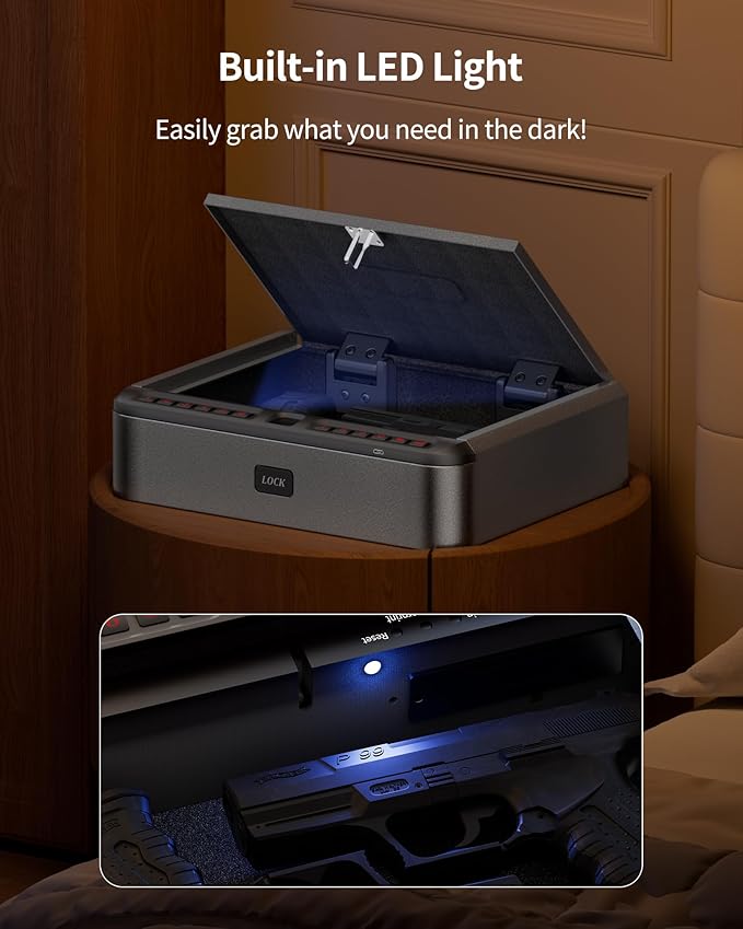 BILLCONCH Gun Safe for Handgun - Biometric Gun Safe 4 Ways Quick Access with Fingerprint/Full-digital Keypad/Key/APP Lock Handgun Pistol Safe for Nightstand Bedside Home