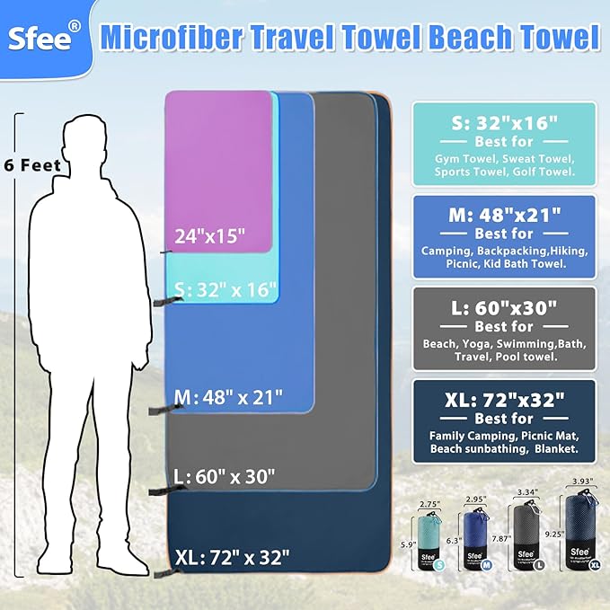 Sfee 2 Pack Microfiber Travel Towel, Quick Dry Towel Camping Towel Large Beach Towel Super Absorbent Compact Lightweight Sports Gym Towels for Beach, Gym, Hiking, Pool, Backpacking, Bath, Yoga