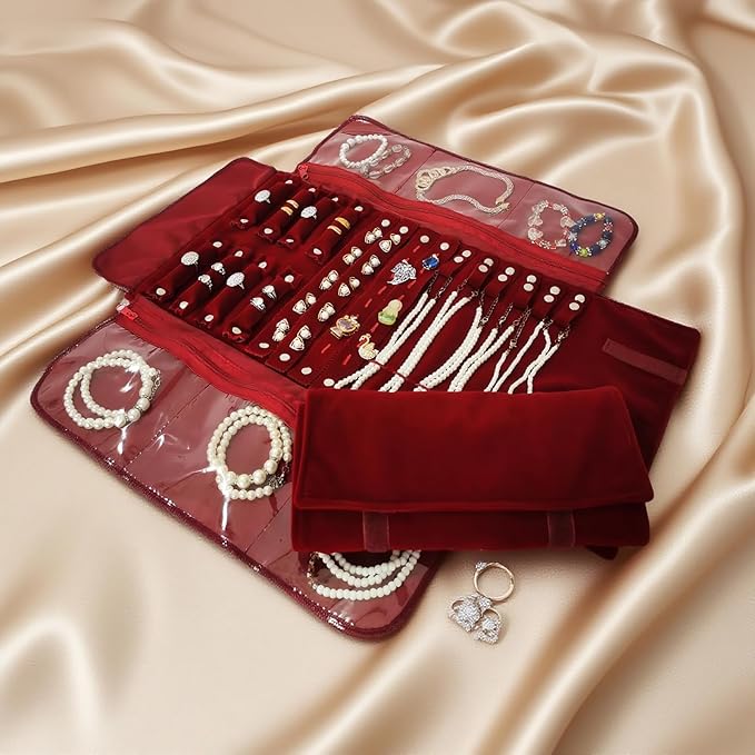 Velvet Travel Jewelry Case Roll Bag Organizer for Necklace Bracelet Earrings Ring (Black) (Burgundy)