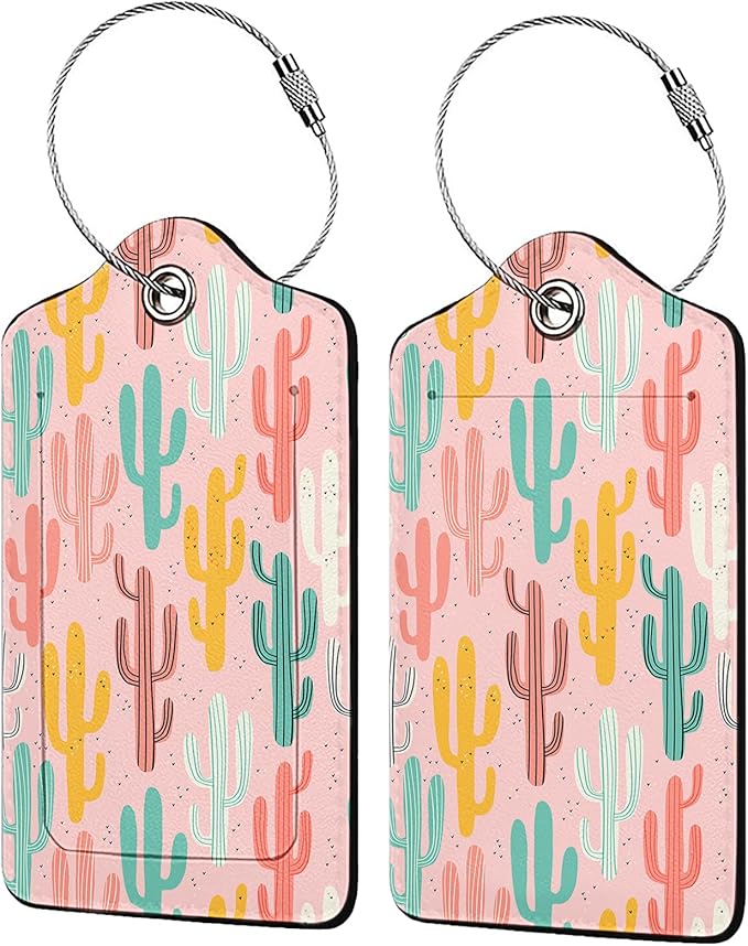 Multicolored Cactus 2 Pcs Luggage Tags,Privacy Cover ID Label with Stainless Steel Loop and Address Card for Travel Bag Suitcase
