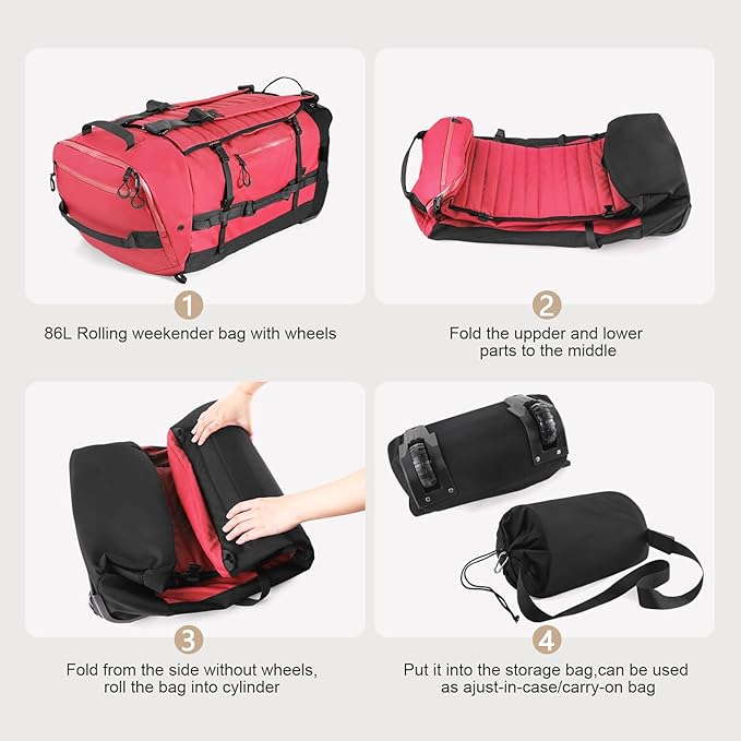 Rolling Duffle Bag with Wheels,86L 30”Folding Duffle Backpack with 2 Wheels,Travel Bag with Separate Shoe Compartment,Red