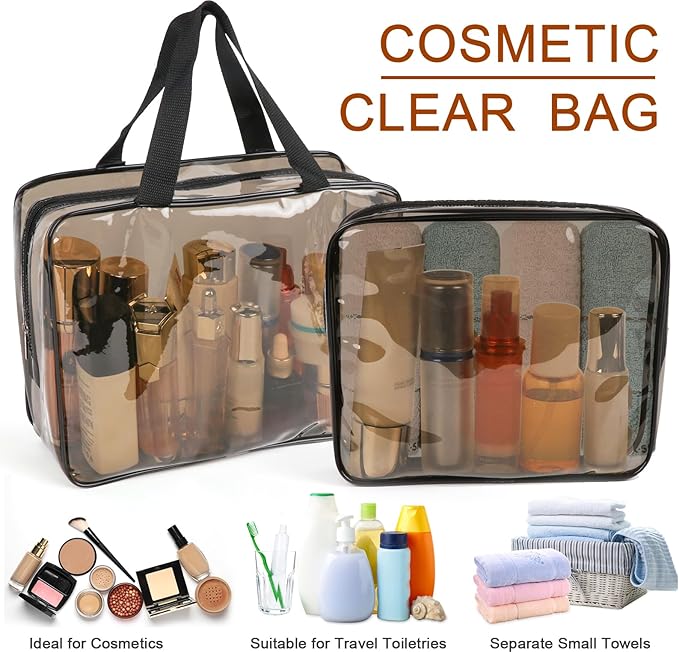 APREUTY Clear Makeup Bags, TSA Approved 6 Pcs Cosmetic Makeup Bags Set Clear PVC with Zipper Handle Portable Travel Luggage Pouch Airport Airline Vacation Organization (Black Brown)