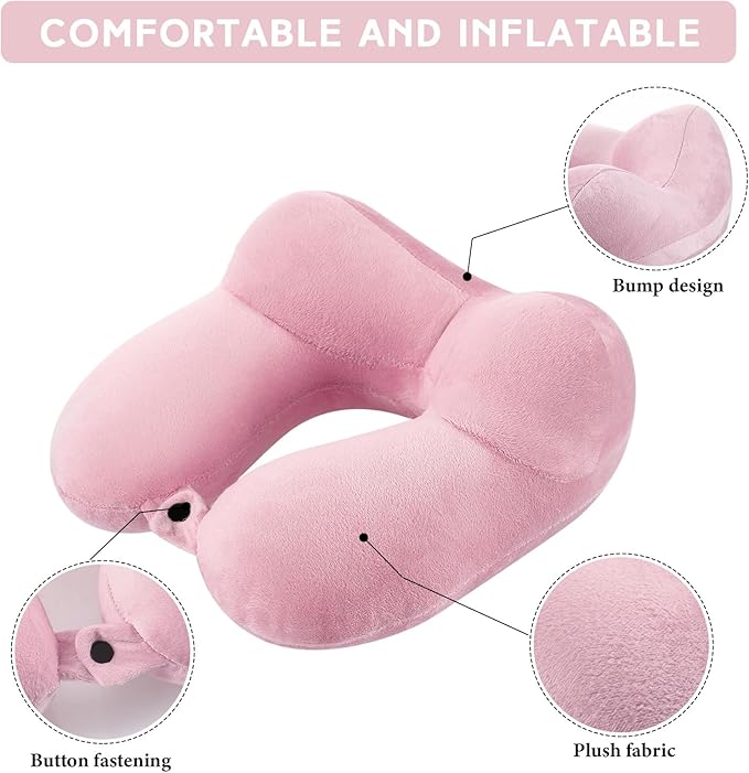 Sintuff 2 Pack Inflatable Travel Pillow for Airplanes Inflatable Neck Flight Pillows with Compact Bag and Blindfold for Traveling, Airplane, Train, Car, Office(Light Pink and Violet)