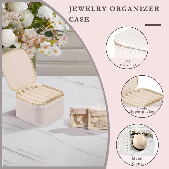Jewelry Box Organizer for Women,Small Jewelry Travel Case,Leather Travel Jewelry Organizer with 6 Velvet Jewelry Zipper Pouches, Jewelry Organizer for Graduation Wedding Gift(Off White)