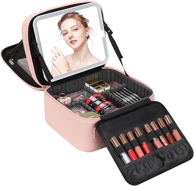 Travel Makeup Bag with LED Mirror Double Layer Makeup Case with Lighted Mirror Dual Layer Cosmetic Train Case Portable Artist Organizer Bag with Dividers and Rechargeable Vanity (Pink, Small)