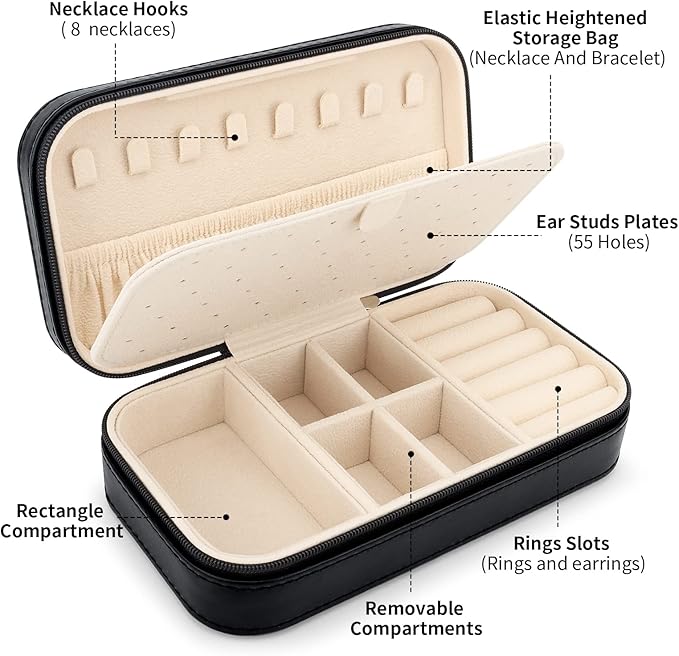 DesignSter Travel Jewelry Box, PU Leather Portable Jewelry Case, Small Jewelry Boxes for Gifts, Travel Jewelry Organizer for Women Rings Earrings Necklaces Bracelets (Black)