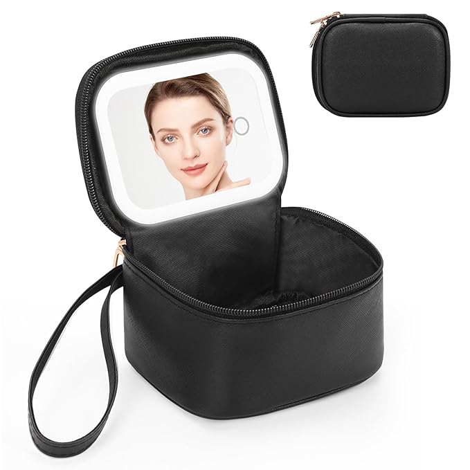 Relavel Mini Makeup Bag with Led Mirror, Small Cosmetic Bag with 3 Light Modes, Rechargeable Portable Makeup Pouch with Hands-Free Wrist Strap for Pool Parties丨Work Touch-Ups丨Travel - Black
