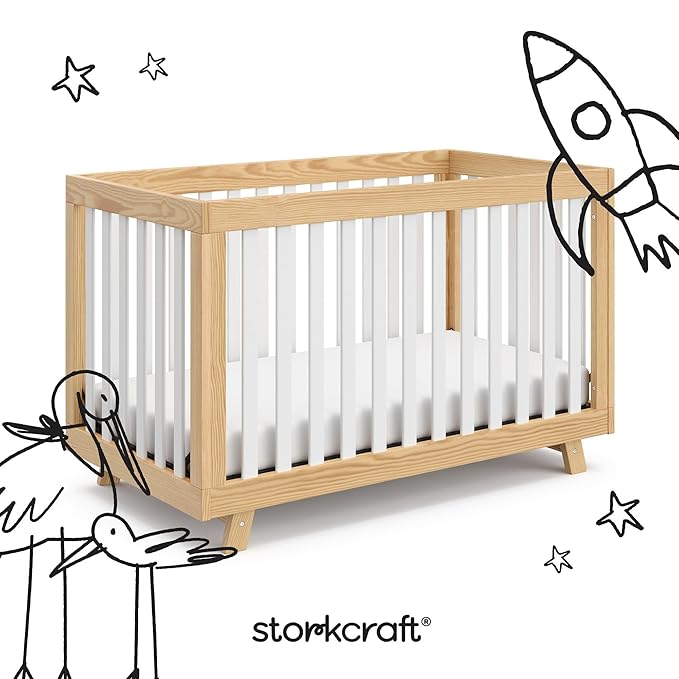 Storkcraft Beckett Convertible Crib (Natural with White Slats) – Converts from Baby Crib to Toddler Bed and Daybed, Fits Standard Full-Size Crib Mattress, Adjustable Mattress Support Base