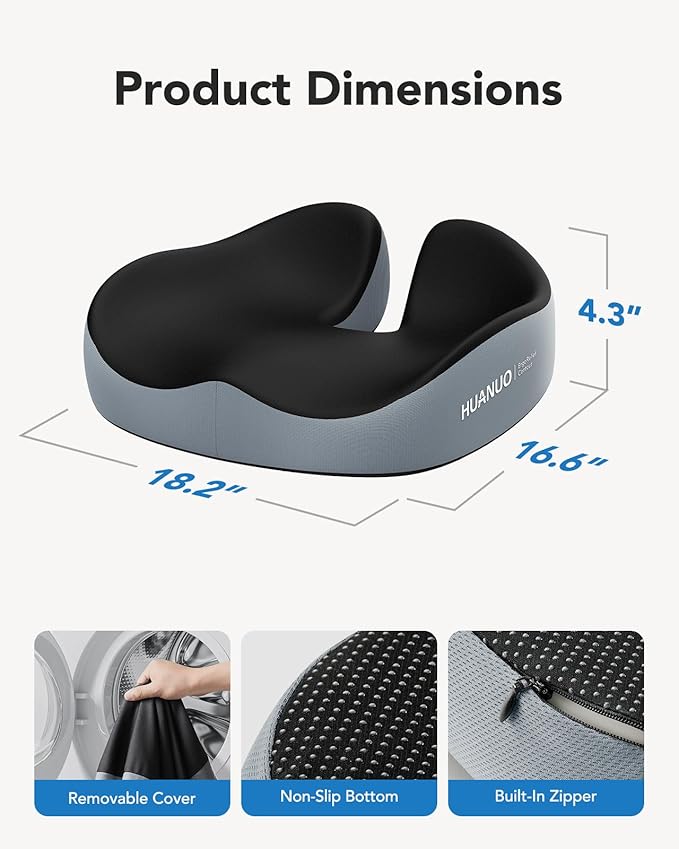 HUANUO Seat Cushion for Office Chair, Extra Large Memory Foam Cushion for Office Chair,Car & Wheelchair - Sciatica & Tailbone Pain Relief for Long Sitting, Ergonomic Design with Anti-Slip Bottom