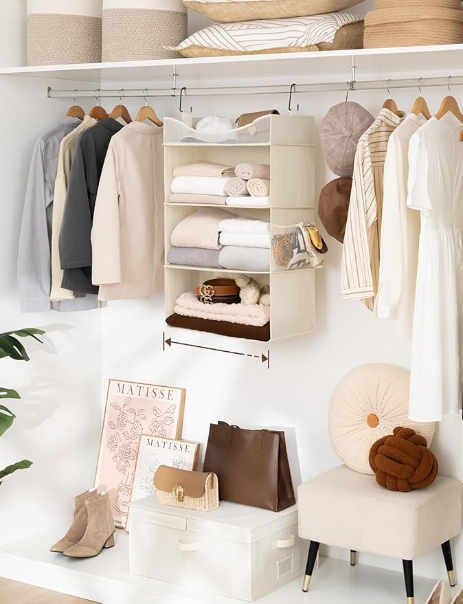 StorageWorks Hanging Closet Organizer, 3-Shelf Hanging Closet Shelves with Top Shelf, 19 ¾"W x 12" D x 31" H, Extra-Large Space, Ivory White