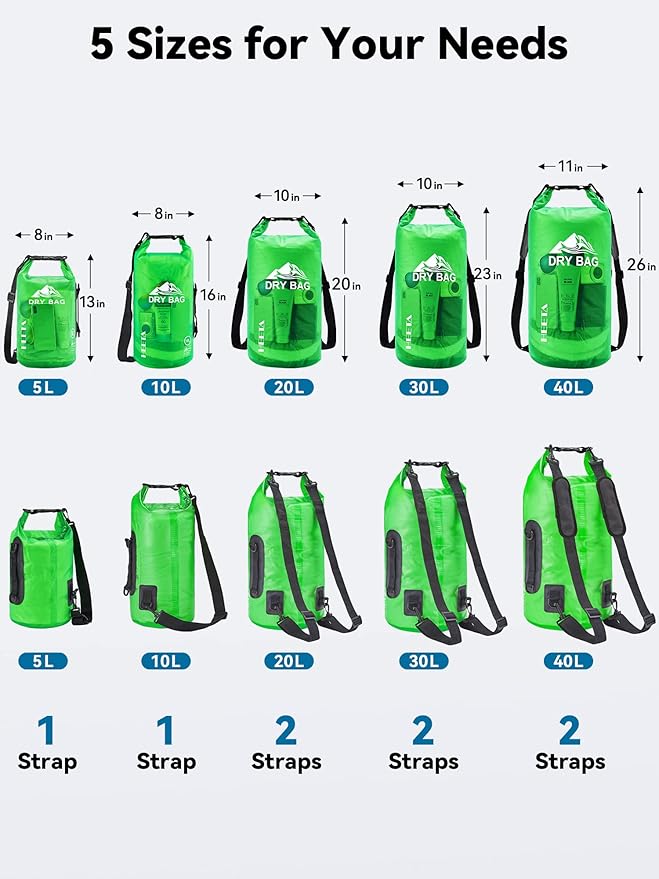 HEETA Dry Bag Waterproof for Women Men, 5L/10L/20L/30L/40L Roll Top Lightweight Dry Storage Bag Backpack with Phone Case for Travel Swimming Boating Kayaking Paddle Board Camping Beach Accessories