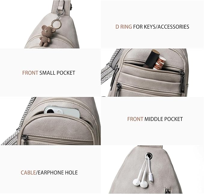 Sling Bag for Women Crossbody Bags Fanny Packs Sling Purse Backpack Shoulder Bag Vegan Leather Chic Travel Light Grey