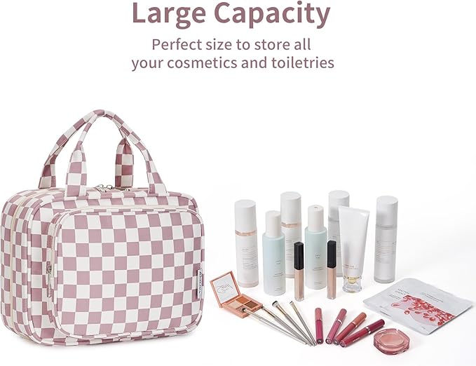 Narwey Hanging Toiletry Bag for Women Travel Makeup Bag Organizer Toiletries Bag for Travel Size Essentials Accessories Cosmetics (Dusty Pink Checkerboard (Medium))