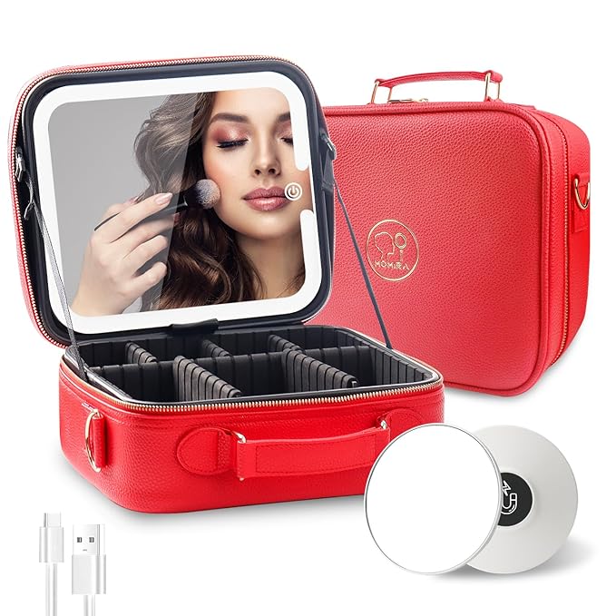 MOMIRA Travel Makeup Bag Cosmetic Bag with Lighted Mirror, Adjustable Brightness in 3 Color Scenarios/Detachable makeup mirror, All-round Upgrade, Waterproof, Gift for Women -Red