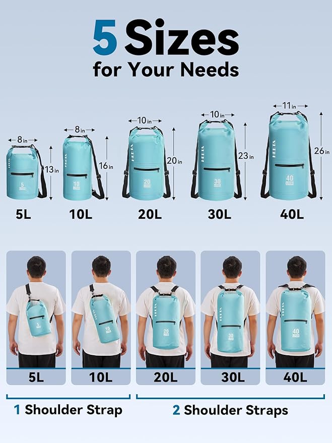 HEETA Waterproof Dry Bag with Front Zippered Pocket for Women Men, 5L/10L/20L/30L/40L Roll Top Lightweight Dry Storage Bag Backpack for Travel, Kayaking, Boating, Rafting, Camping, Hiking & Beach