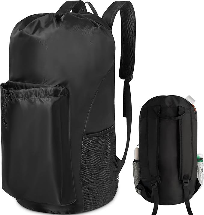 Polecasa Heavy Duty Backpack Laundry Bag, 29 x 13.5 Inches Hamper bag with Padded Shoulder Straps,130gsm Durable Fabric and 4 Pockets, Large Drawstring Bag for Dorm, College, Travel, Black