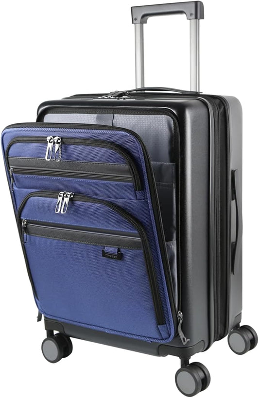KROSER Hardside Expandable Carry On Luggage 22x14x9 Airline Approved With Front Business Pockets, 20 Inch Suitcases with Wheels, Carry on Suitcase with TSA Lock & USB Port, Black-Haze Blue