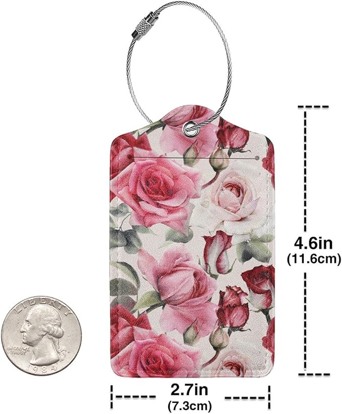 2PC Red Rose Flower Luggage Tag with Privacy Cover Id Card Stainless Steel Loop, Pink Floral Travel Baggage Identifiers Tags Luggage for Women Men Suitcase Name Labl