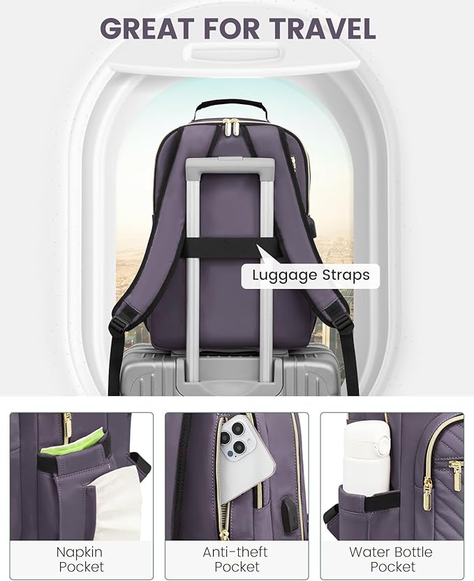 LOVEVOOK Laptop Backpack for Women, Large Capacity Travel Computer Work Bag with 17-inch Laptop Compartment, Business Nurse Backpack Purse, Hiking Outdoor Carry On Backpack, Purple Grey