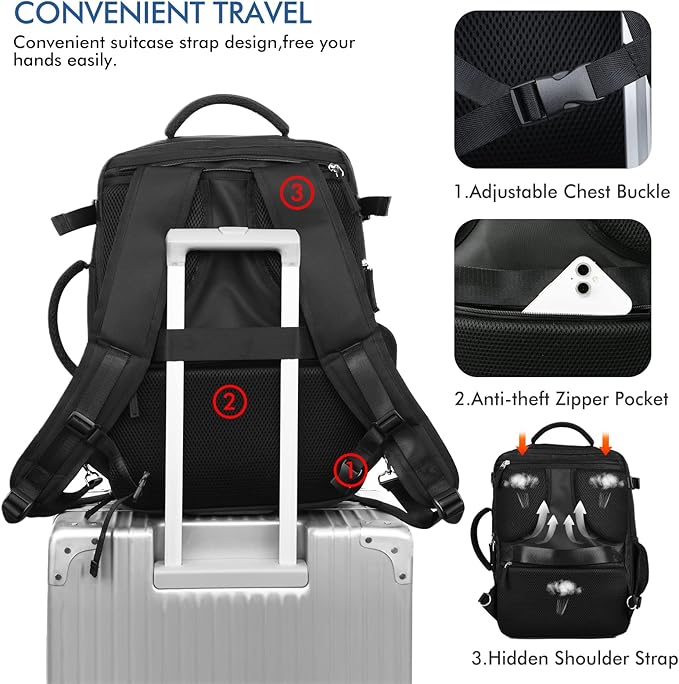 Beraliy Travel Backpack for Men Women, Carry On Backpack, 16 Inch Laptop Backpack, Waterproof School Backpack, Casual Outdoor Daypack College Bag, Black
