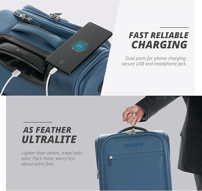 Verage Under Seat Luggage with Wheels, Softside Small Suitcase Spinner Carry On Luggage Bags for Airlines Airplanes Short Trip Men Women (Coast Blue, 14.5-Inch Plus Underseat)